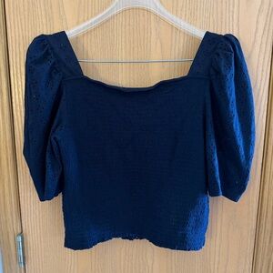 LOFT Gently Used Navy Blue Smocked Ruffle Cut Out Puff Sleeve Crop Top Blouse M